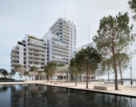Mareterra, Renzo Piano Building Workshop, Monaco, 2024 — plaza view with reflecting pool 