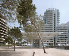 Mareterra, Renzo Piano Building Workshop, Monaco, 2024 — entrance canopy with pine trees and reflecting pool 