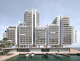 Mareterra, Renzo Piano Building Workshop, Monaco, 2024 — full facade view from harbor with moored boats 