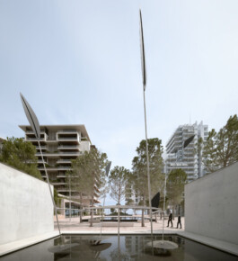 Mareterra, Renzo Piano Building Workshop, Monaco, 2024 — sculpture masts in public piazza with reflecting pool and residential towers 
