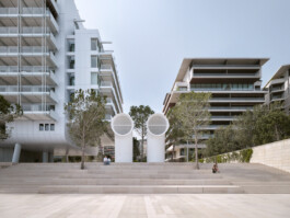 Mareterra, Renzo Piano Building Workshop, Monaco, 2024 — amphitheatre steps with cylindrical ventilation towers and residential buildings 